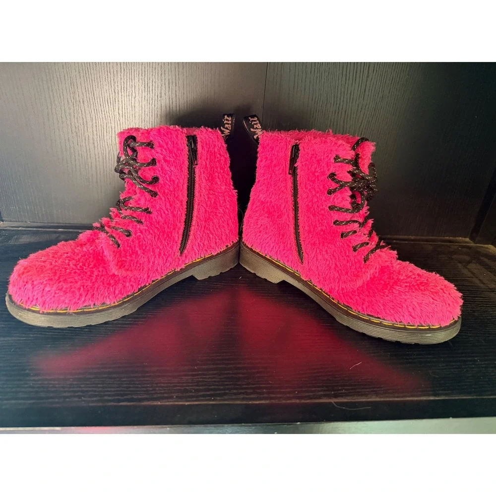 Dr. Martens 1460 Pascal J Kids Hot Pink Faux Fur Lace Up Zip Boots Size 3 US